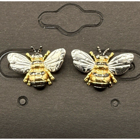 Estate Jewelry - Honey Bee Earrings Enamel Striped Gold Tone Silver Tone Insect Stud
